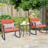 Red 3 Piece Patio Set Rattan Wicker Rocking Chairs with Coffee Table