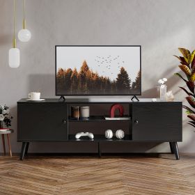 Mid-Century Modern Wooden TV Stand for 55-60' TVs, 2 Storage Cabinets, Adjustable Shelf, Cable Management, Sturdy Legs, Easy Assembly, Black