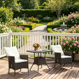 Cream 3 Piece Patio Bistro Set PE Wicker Tufted Cushion Reclining Chairs Coffee Table Outdoor Furniture Conversation Set