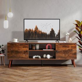 Mid-Century Modern Wooden TV Stand for 55-60' TVs, 2 Storage Cabinets, Adjustable Shelf, Cable Management, Sturdy Legs, Easy Assembly, Rust Brown