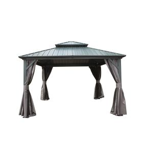 12' X 12' Hardtop Gazebo, Aluminum Metal Gazebo with Galvanized Steel Double Roof Canopy, Curtain and Netting, Permanent Gazebo Pavilion for Pati