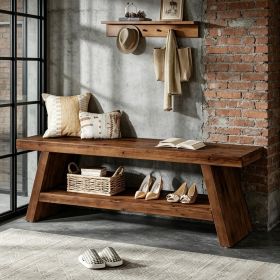 2-Tier Entryway Bench, Solid Wood Shoe Bench with Open Shelves
