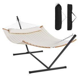 Two Person Hammock with Stand Included, Double Hammock with Curved Spreader Bar and Detachable Pillow and Portable Carrying Bag