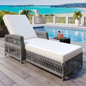 Outdoor Long Reclining Chaise, Wicker Lounge with Armrests, Patio Adjustable Recliner with Soft Removable Cushions (Color: Beige+Grey)