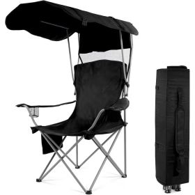 Oversized Camping Chair with Canopy Heavy Duty Folding Outdoor Chair with Armrest Cup Holder and Carry Bag Portable Camp Chair for Beach Fishing (Color: Black)