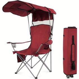 Oversized Camping Chair with Canopy Heavy Duty Folding Outdoor Chair with Armrest Cup Holder and Carry Bag Portable Camp Chair for Beach Fishing (Color: Wine Red)