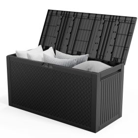 90 Gallon Black Plastic Storage Deck Box with Maze Texture Injection Molded Outdoor Patio Storage Container for Garden Tools Cushions Pool Suppli (Color: Black)